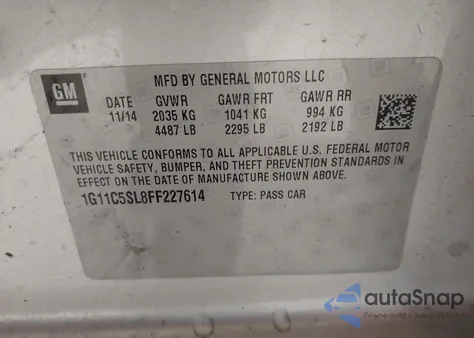 2015 Chevrolet Malibu 1Lt из США, поврежденный, VIN 1G11C5SL8FF227614